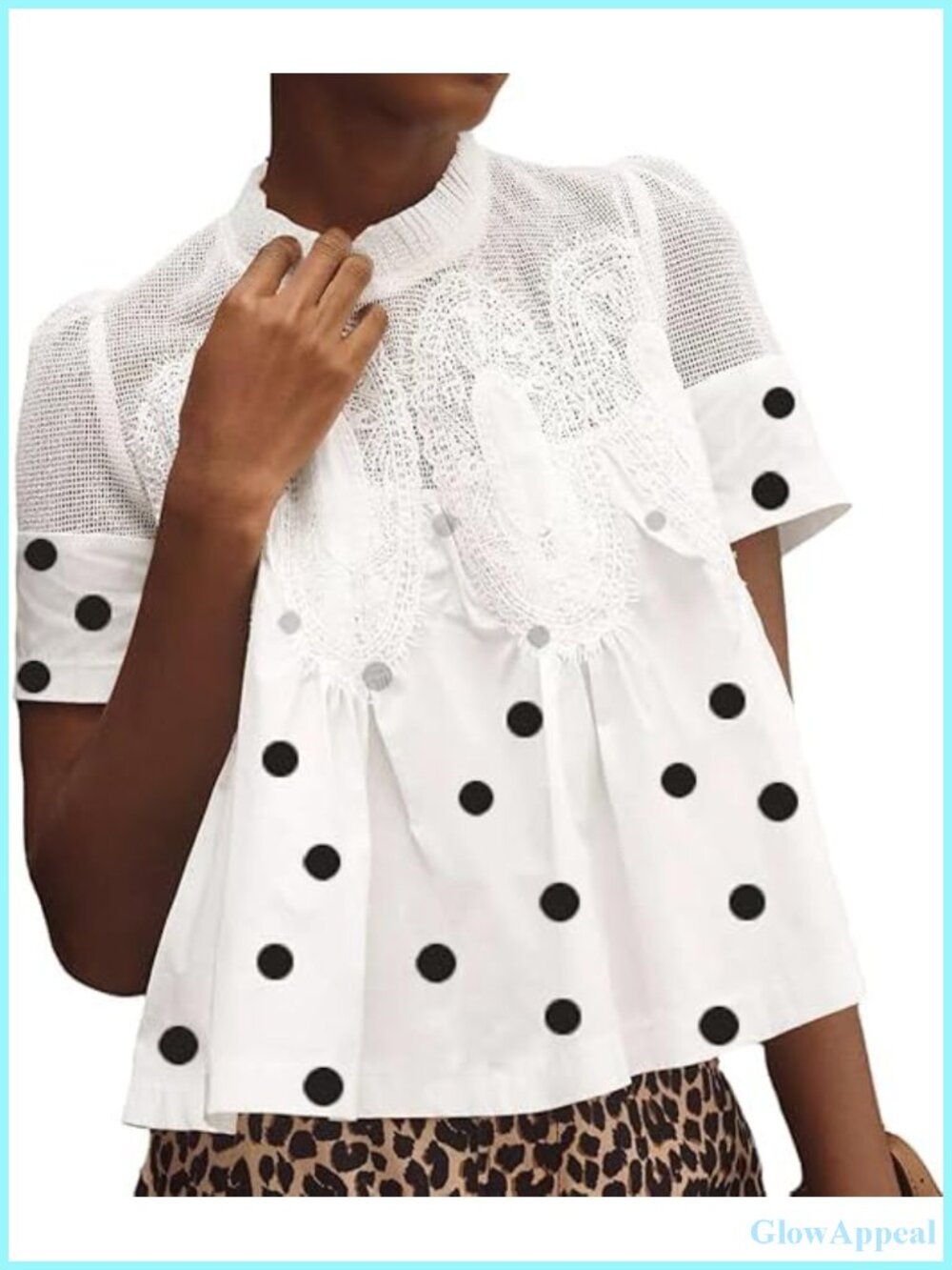 Women's Lace-Detail Flared Blouse Short-Sleeve Crew Neck Polka Dot Cotton Blend